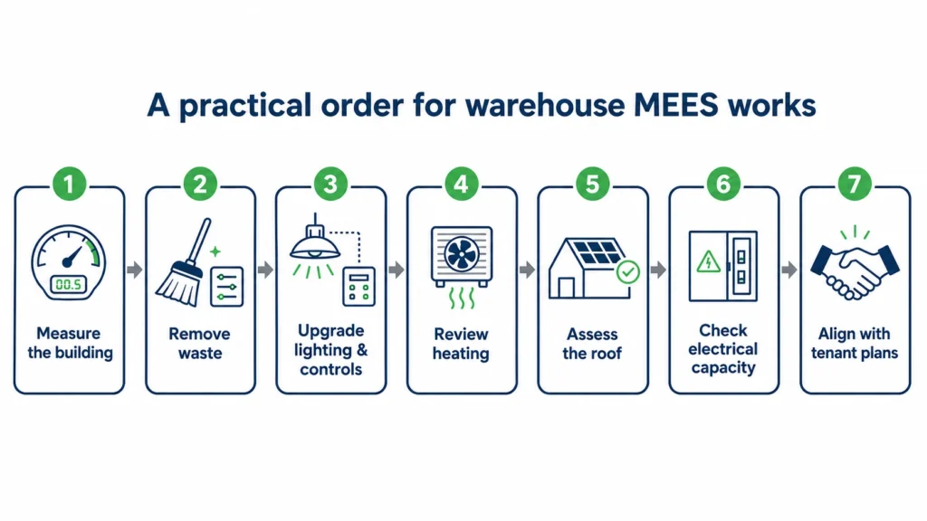 Seven-step priority sequence for warehouse MEES works — measure the building, remove waste, upgrade lighting and controls, review heating, assess the roof, check electrical capacity, and align with tenant plans