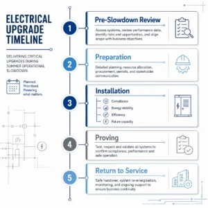 A five-phase process diagram showing how to plan and deliver electrical upgrades during a summer operational slowdown, from pre-works review through to return to service.