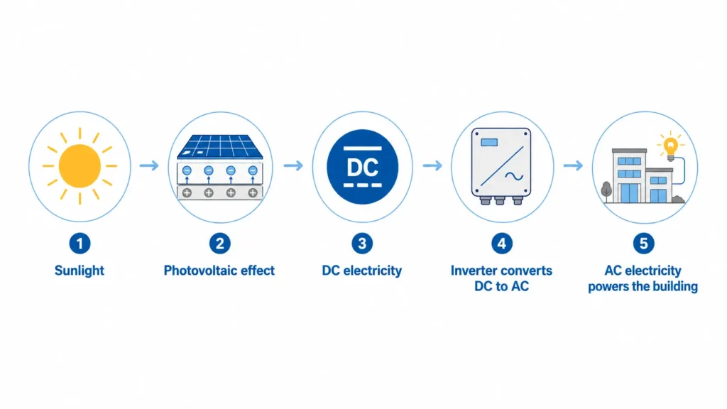Diagram showing how sunlight is converted to DC electricity by solar panels and then to AC electricity by an inverter