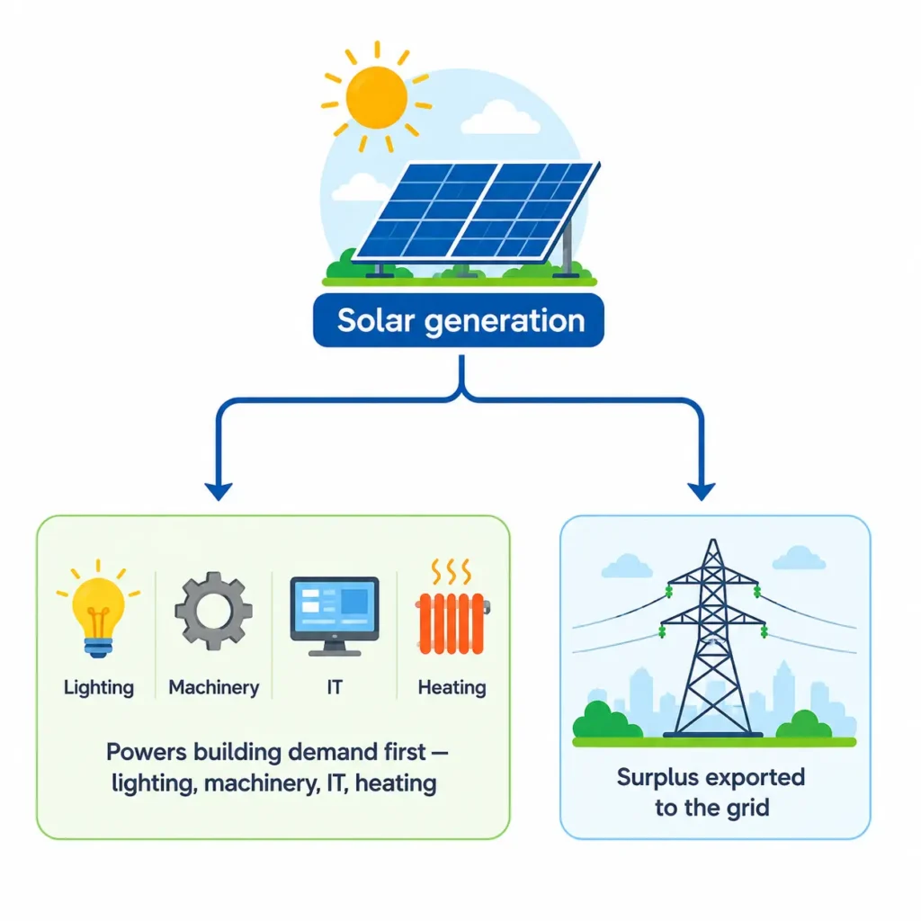 Diagram showing solar electricity powering building demand first, with surplus exported to the grid