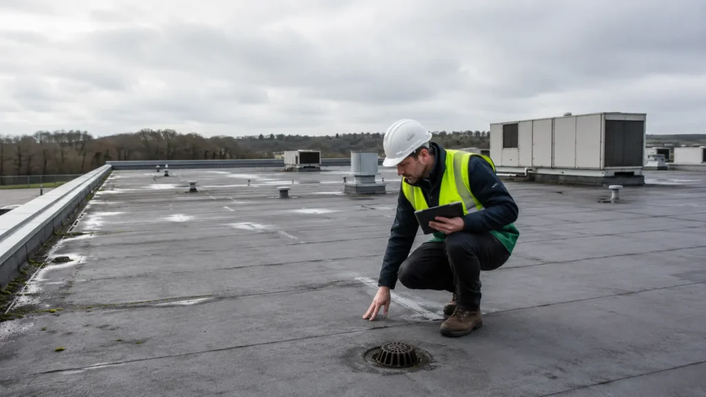 Structural surveyor inspecting a commercial flat roof ahead of a solar panel installation